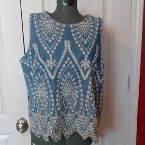 Sleeveless Blue Embroidered Tunic with White Lace Trim